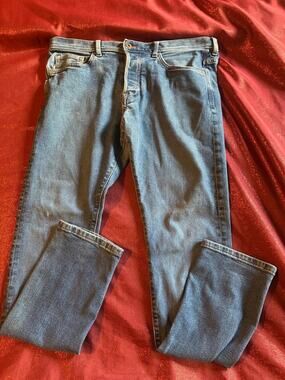 &Denim Jeans Mens 30 Slim Low Waist Straight Leg Medium Wash Blue Five Pocket
